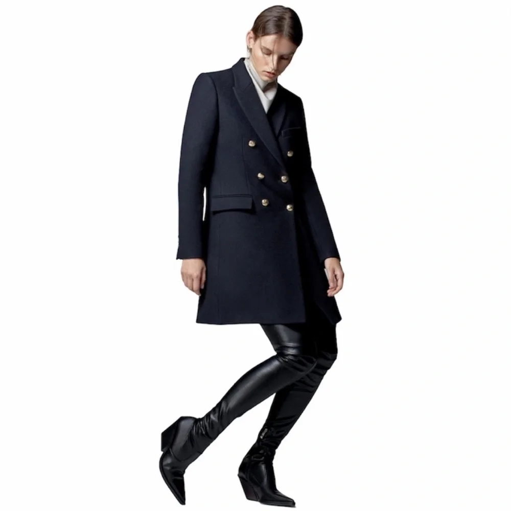 SOLD ZARA NEW MANTECO Italian Wool Navy Double Breasted Classic Preppy Wool Coat - Picture 8 of 16